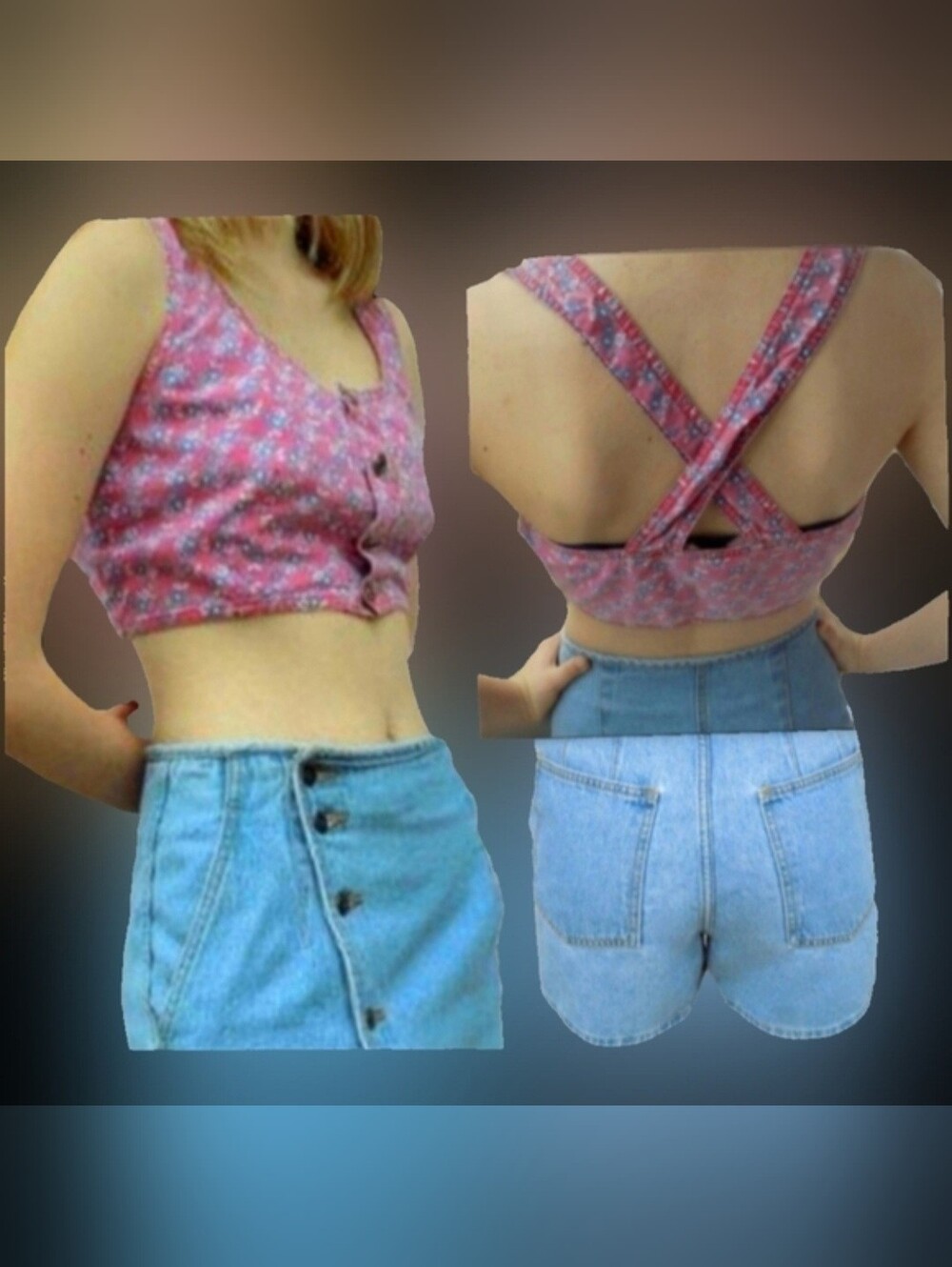Vtg 90s Extra Femme pink blue floral denim bustier criss cross corset vest top S